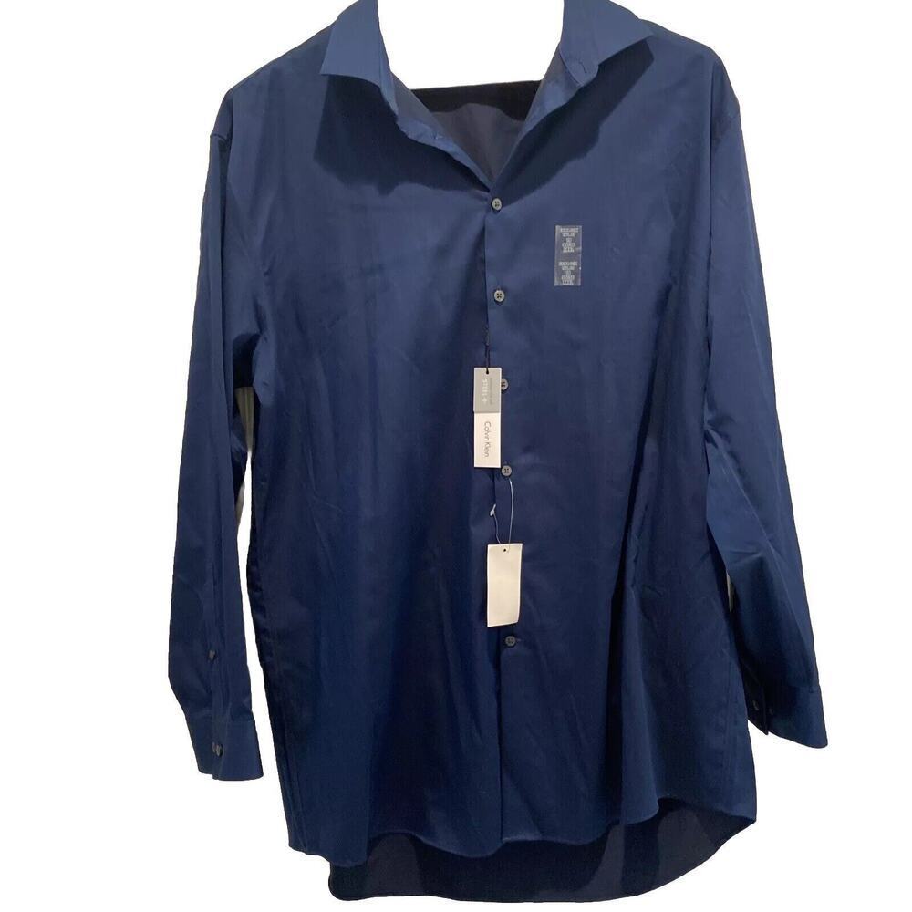 Calvin Klein Mens Blue Long Sleeve Dress Shirt 19 35/38 Extra Slim Steel+ NWT